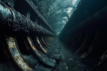 Exploring the haunting depths of a forgotten shipwreck in murky waters. Generative AI