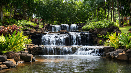 A picturesque secret waterfall with multiple tiers, flowing gracefully over rocks into a secluded natural pool 