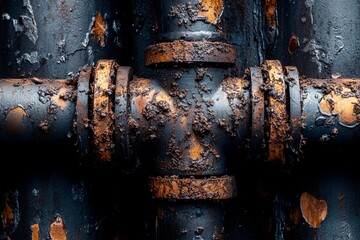 Rusty pipes and flaking paint create an industrial texture in a dimly lit setting. Generative AI