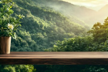 Dark Walnut Wooden Table Set Against a Lush Green Mountain Landscape with Vibrant Nature and Soft Sunset Glow