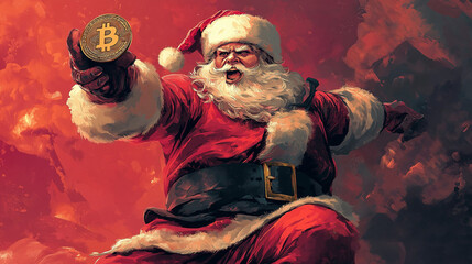 Obraz premium Dynamic Santa Claus Holding Bitcoin in Action Pose