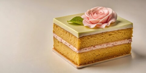 A single slice of vanilla cake with pink frosting and a delicate fondant rose on top