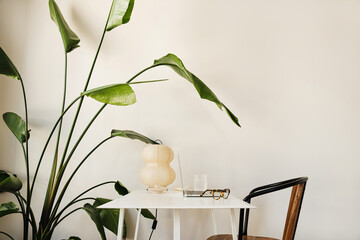 Stylish Home Office with Laptop, Trendy Glasses, and Lantern Lamp on White Desk with Leafy Plants