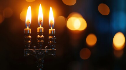 Moment of lighting Hanukkah candle in menorah, with soft glow and reverent holiday decor. Hanukkah