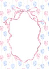 Watercolor card featuring a pink ribbon and pastel balloons. The hand drawn frame with an elegant bow creates a beautiful baby shower or birthday invitation with copyspace for personal messages