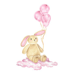 Adorable watercolor bunny toy illustration, holding pink pastel balloons and flying on fluffy clouds. This cute hand drawn clipart against a white background perfect for baby showers or nursery decor
