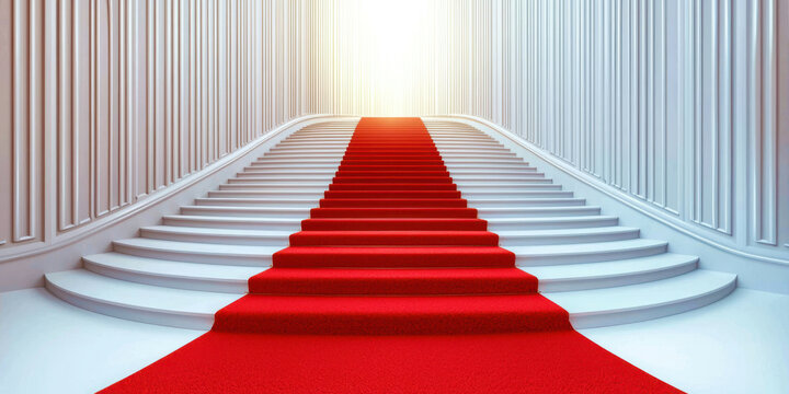 A red carpet leading up to a white staircase