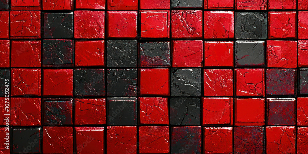 Poster a red and black checkered wall made of blocks