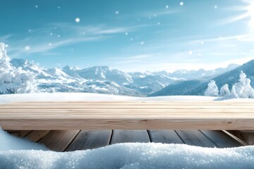 Obraz premium Serene Outdoor Scene with Light Pine Wood Table Set Against a Snowy Winter Landscape and Majestic Mountains in the Distance