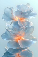 Fototapeta premium A mesmerizing arrangement of delicate, translucent blue flowers illuminated with soft orange light, creating a dreamy and ethereal atmosphere.