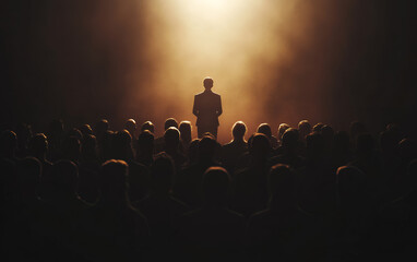 A man stands illuminated on stage facing a captivated audience, casting an inspiring presence amidst dramatic lighting