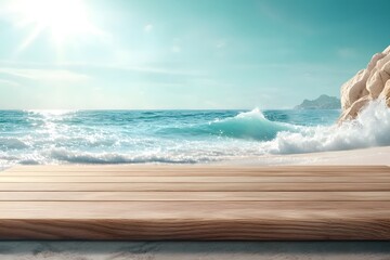 Warm Toned Wooden Table Placed Against Gorgeous Beach Backdrop with Sunlight Reflecting on Turquoise Waters and Gentle Waves Lapping the Shore