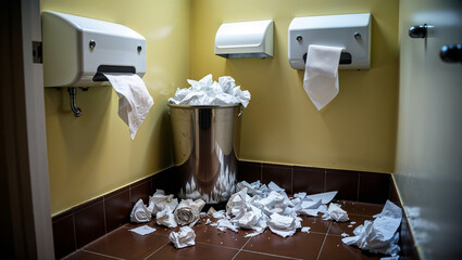 Overfilled trash in a disorderly restroom with yellow walls.