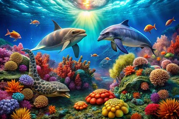 Underwater Fashion Photography Featuring Dolphins and Turtles Swimming Gracefully Over a Vibrant Coral Reef in a Stunning Aquatic Setting