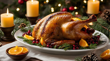 A large turkey is sitting on a white plate with orange slices and pine cones around it. The scene is set in a festive atmosphere, likely during the holiday season