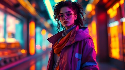 Neon city scape woman with hip hop style streetwear and glasses with model beauty  youth