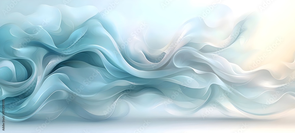 Poster a serene abstract composition featuring flowing waves of soft blue and white hues, creating a calmin
