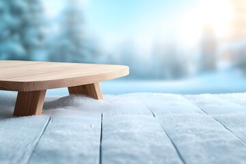 Fototapeta premium Serene Matte Finish Light Pine Table Set in a Gorgeous Snow-Covered Landscape with Soft Bokeh and Nature’s Beauty in the Background