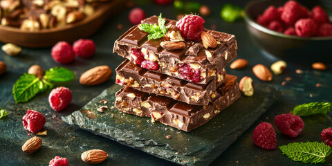 A stack of chocolate bars with raspberries on top