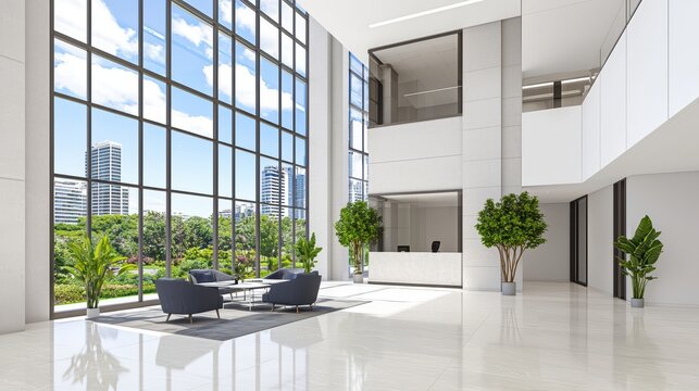 Modern office interior with large windows, stylish furniture, and indoor plants, showcasing a professional workspace.