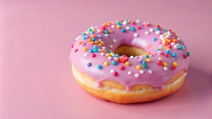 A single pink glazed donut with colorful sprinkles on a pastel pink background. It is an irresistible treat with a sugary glaze.