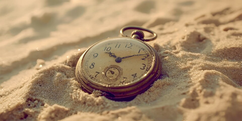A vintage pocket watch is laying on the sand