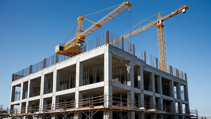 Construction site with cranes building a reinforced concrete frame.
