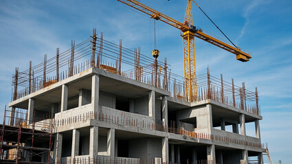 Crane operating on a construction site with a blue sky backdrop.