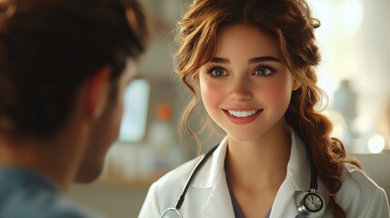 A young female doctor of European descent smiles warmly at a patient in a medical setting, showcasing compassion and professionalism.