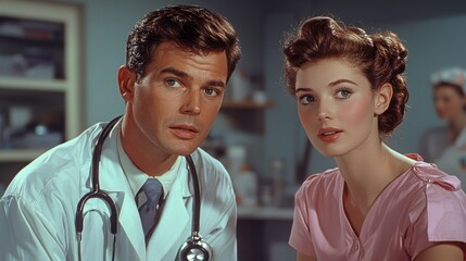 A retro-style doctor and nurse posed together, reflecting 1950s aesthetics in a healthcare setting, showcasing professionalism and charm.