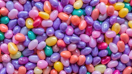 Obraz premium A close-up view of a colorful assortment of jelly beans, capturing their vibrant hues and smooth, glossy textures.