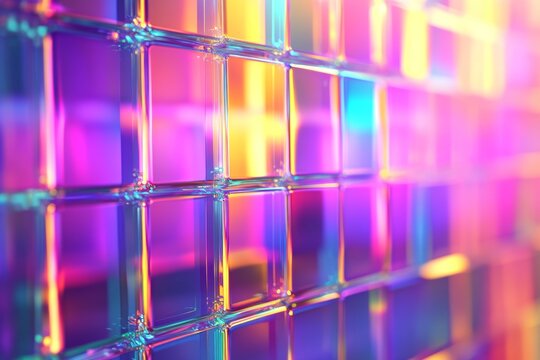 Vibrant abstract 3d wallpaper featuring iridescent glass squares and neon gradient lights