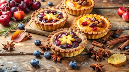 Fototapeta premium Mini Tartlets Decorated with Fruit, Star-Shaped Pastry, and Cinnamon Sticks on a Rustic Wooden Background