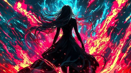 Silhouetted Sorceress in Neon Ethereal Atmosphere
