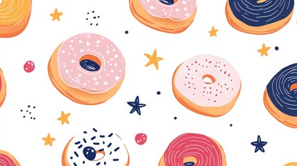Naklejka premium Playful flat illustration of sufganiyot with jelly filling and star doodles, enhancing the festive Hanukkah theme. Hanukkah
