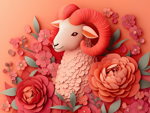 Chinese Ram or Sheep Zodiac Animal in the Chinese Horoscope Animal Cycle with red plum blossoms and peonies signify auspicious beginnings to the chinese new year
