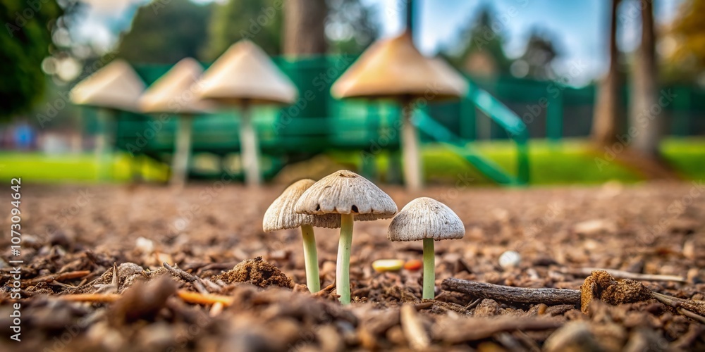 Poster minimalist scene of three mushrooms emerging from playground mulch with blurred swings in the backgr