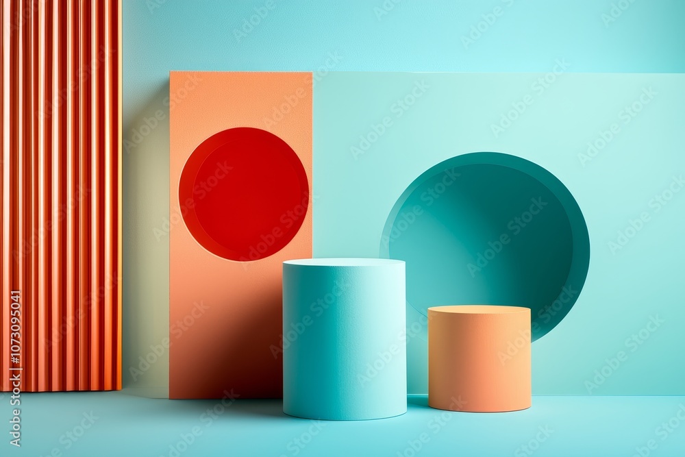 Aufkleber vibrant 3d abstract geometric forms against a soft blue background in a surreal artistic display