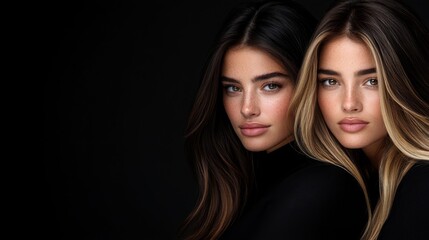 Two models with striking features posing together against a dark background in a fashion shoot