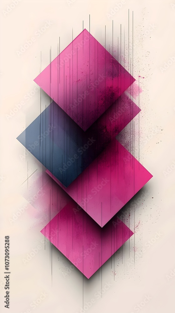 Poster abstract geometric artwork featuring layered pink and dark blue diamonds with splashes of color, cre