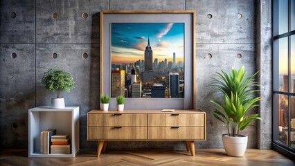 Mockup of a Thin Picture Frame on a Design Cupboard in a New York Loft Setting with Concrete Walls and Modern Decor