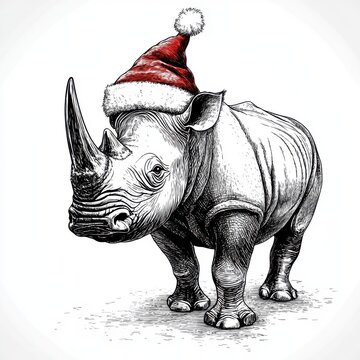 recommend clip art: Black and white Vintage engraved art of a rhino wearing a Christmas Santa hat on its horn, isolated on white background, ink sketch illustration, simple vector art design, highly detailed line art