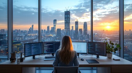 Focused Young Woman Coding in Modern Tech Office Overlooking Cityscape