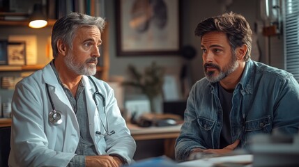 A doctor with gray hair listens attentively to a male patient during a consultation in a medical office. Both appear engaged in the discussion.