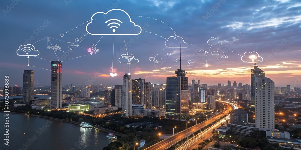 Poster modern saas concept with abstract cloud and data symbols representing professional services in a dig