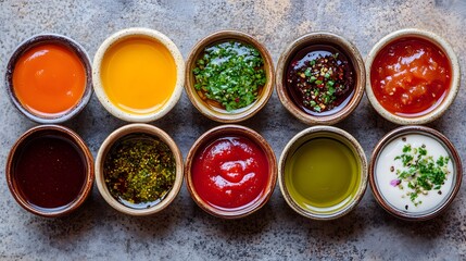 A variety of colorful sauces in small bowls arranged neatly on a textured surface.