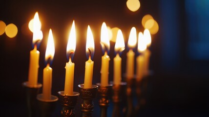 Peaceful Hanukkah scene with menorah candles glowing warmly in dark room, surrounded by soft decor. Hanukkah