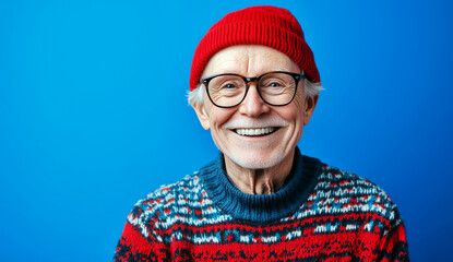 Fototapeta premium An elderly gentleman wearing a red hat smiling happily with a blue background.