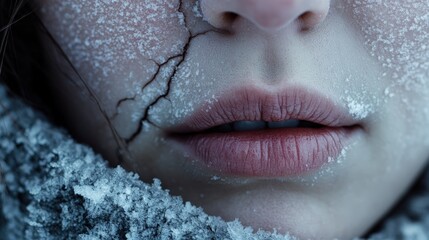 Obraz premium A close-up of cracked lips covered in frost, symbolizing extreme cold and isolation.
