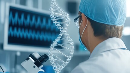 Scientist examining DNA structure through microscope in laboratory environment.